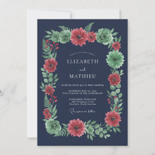 Invitation Mariage Romantique Botanique Corail Navy