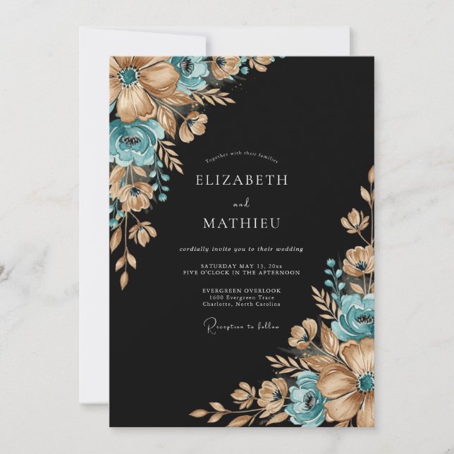 Invitation Mariage Romantique Botanique Doré Sarcelle (Devant)