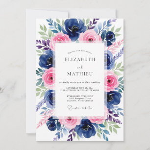 Invitation Mariage romantique botanique rose marine