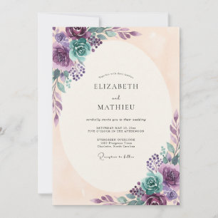 Invitation Mariage Romantique Botanique Teal Pourpre