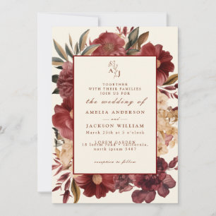 Invitation Mariage romantique Bourgogne rouge et c