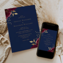 Mariage romantique burgundy or floral bleu marine