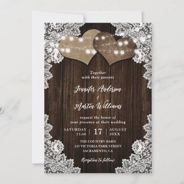 Invitation Mariage romantique Burlap et dentelle (Devant)
