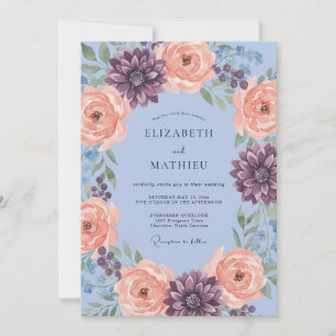 Invitation Mariage Romantique Dahlia Bleu Poussiéreux