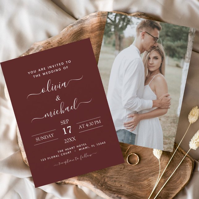 Invitation Mariage romantique de Bourgogne avec photo (Créateur téléchargé)