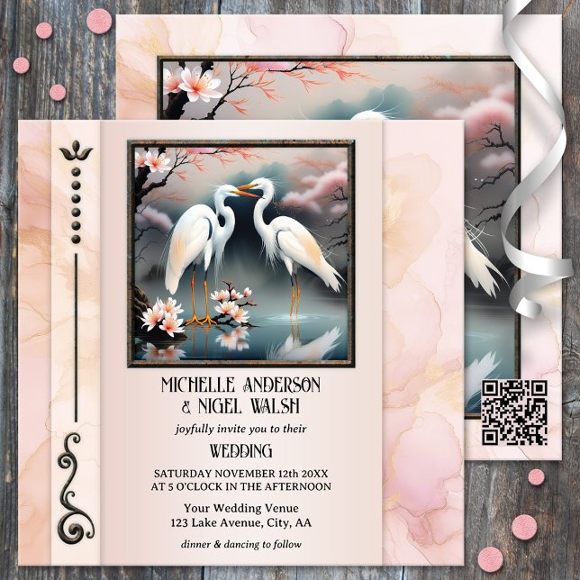 Invitation Mariage romantique des grues japonaises (Wedding invitation featuring a painting of two Japanese cranes or egrets on an elegant pink design)