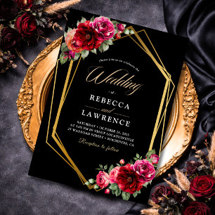 Invitation Mariage romantique élégant floral rouge noir d'hum