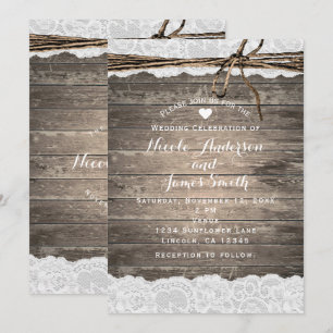 Invitation Mariage romantique en bois rustique de grange de