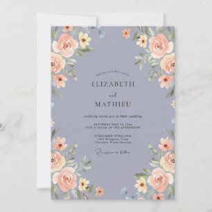 Invitation Mariage Romantique Fleur Bleu Ardoise