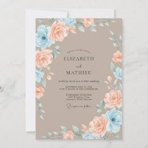 Invitation Mariage Romantique Fleur Bleu Pêche