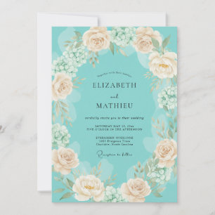 Invitation Mariage Romantique Fleur de Pêcher Turquoise