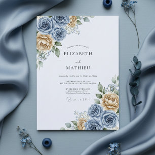 Invitation Mariage Romantique Fleurs Jaunes Bleues
