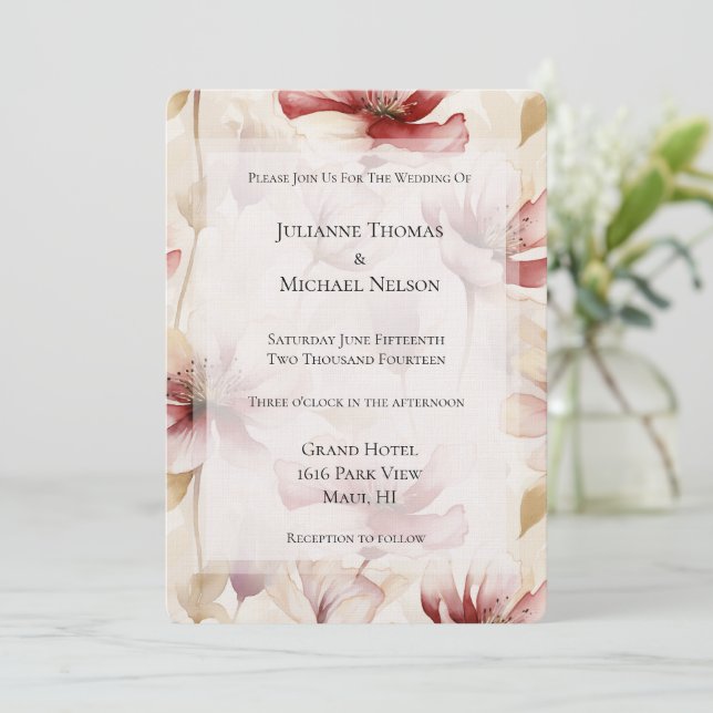 Invitation Mariage romantique floral à la crème de Bourgogne (Debout devant)