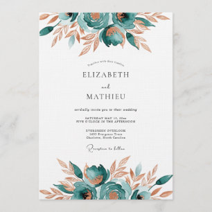 Invitation Mariage Romantique Floral Abstrait Sarcelle