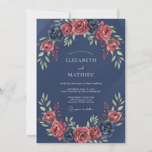 Invitation Mariage romantique floral avec guirlande Navy