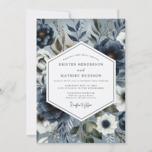 Invitation Mariage Romantique Floral Bleu Ardoise