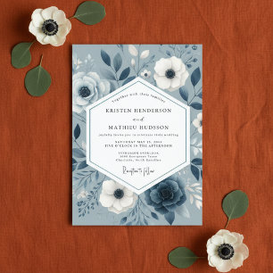 Invitation Mariage Romantique Floral Bleu Ardoise
