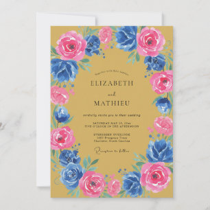 Invitation Mariage Romantique Floral Bleu Rose