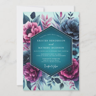 Invitation Mariage Romantique Floral Bleu-vert Sombre