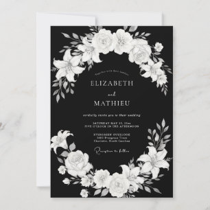 Invitation Mariage Romantique Floral Classique Noir et Blanc