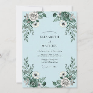 Invitation Mariage Romantique Floral Gris Bleu