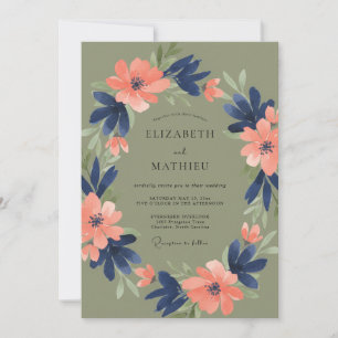 Invitation Mariage romantique floral olive marine