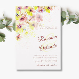 Invitation Mariage romantique floral pastel Pensée pêche jaun