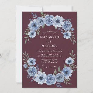 Invitation Mariage romantique floral poussiéreux bleu de Bour