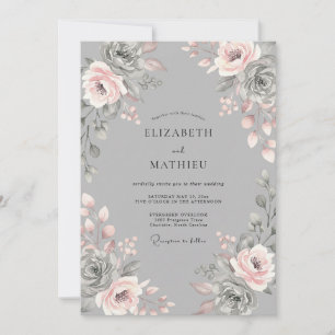 Invitation Mariage Romantique Floral Rose Pâle Gris