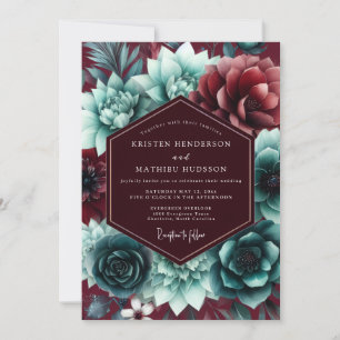 Invitation Mariage romantique floral sarcelle et Bourgogne