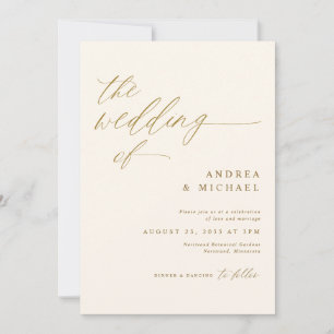 Invitation Mariage Romantique Moderne Crème et Or