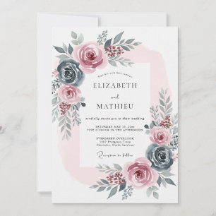 Invitation Mariage Romantique Rose Bleu Ardoise