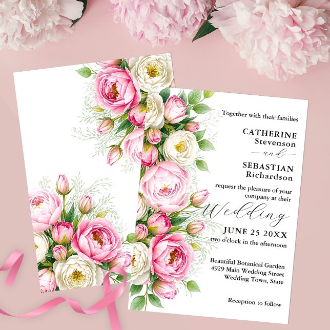 Invitation Mariage romantique rose et blanc de pivoine (Créateur téléchargé)
