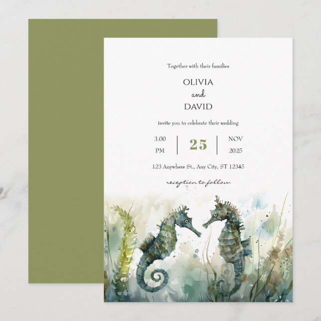 Invitation Mariage romantique sous-marin Seahorse Couple Beac (Devant / Derrière)