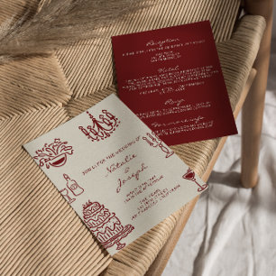 Invitation Mariage romantique tout-en-un Bourgogne dessiné à 