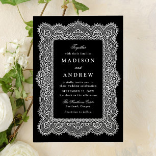 Invitation Mariage romantique vintage en dentelle noire et bl