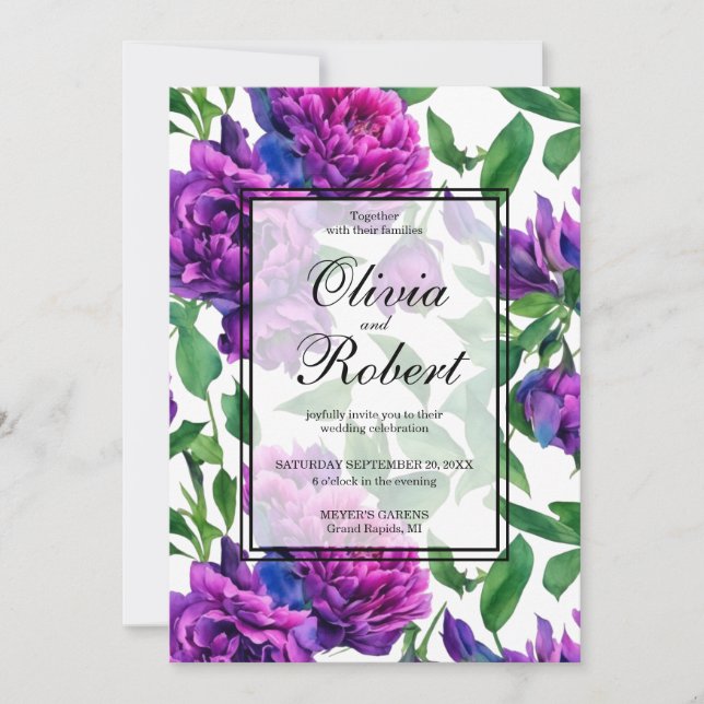 Invitation Mariage romantique violet rose aquarelle peoné (Devant)