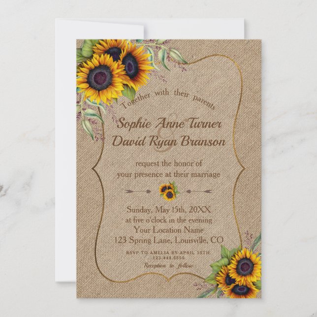 Invitation Mariage romantique Watercolor Sunflowers Burlap (Devant)