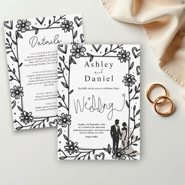 Invitation Mariage romantique Whimsical noir et blanc (Créateur téléchargé)