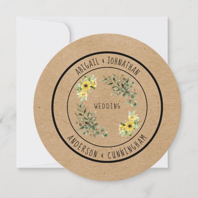 Invitation Mariage rond rustique simple tournesol (Devant)