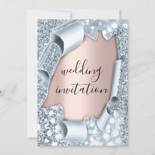 Invitation Mariage Rose 3D Effet Blush Glitte Blue (Devant)