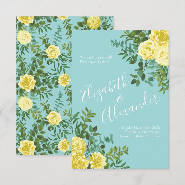 Invitation Mariage Rose Aqua Jaune clair et Turquoise Date de (Devant / Derrière)