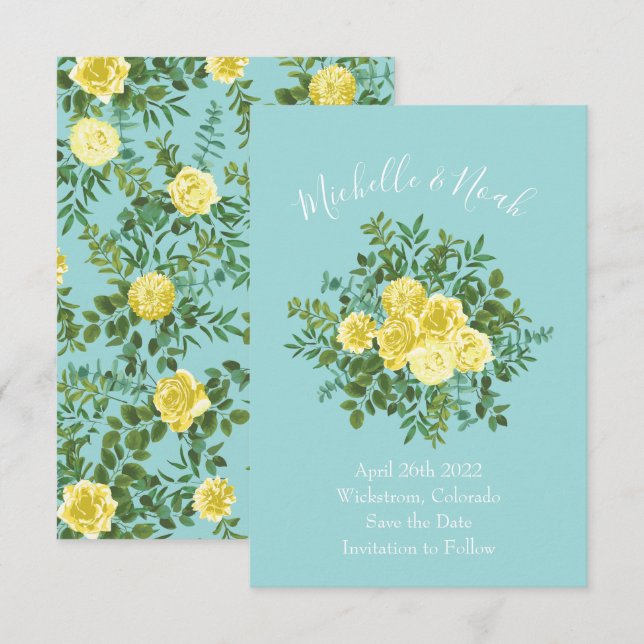 Invitation Mariage Rose Aqua Jaune clair et Turquoise Date de (Devant / Derrière)