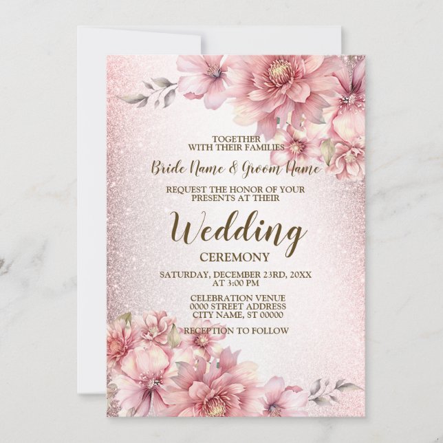 Invitation Mariage rose Aquarelle Fleurs Parties scintillant  (Devant)