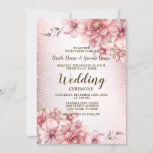 Invitation Mariage rose Aquarelle Fleurs Parties scintillant