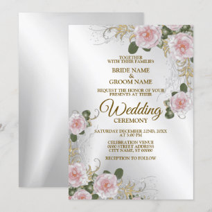 Invitation Mariage Rose Blanc Floral Argent Rustique Élégant