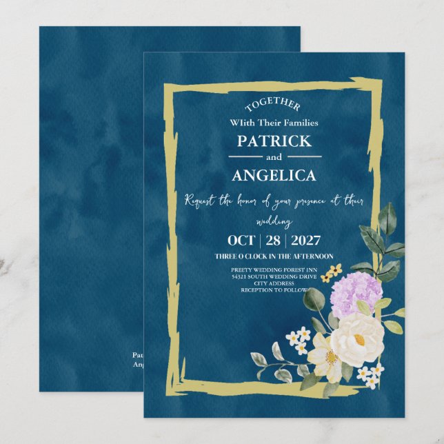 Invitation Mariage rose bleu bleu de la marine moderne (Devant / Derrière)