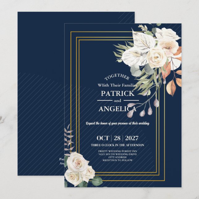 Invitation Mariage rose bleu bleu de la marine moderne (Devant / Derrière)