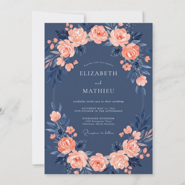 Invitation Mariage Rose Bleu Marine (Devant)