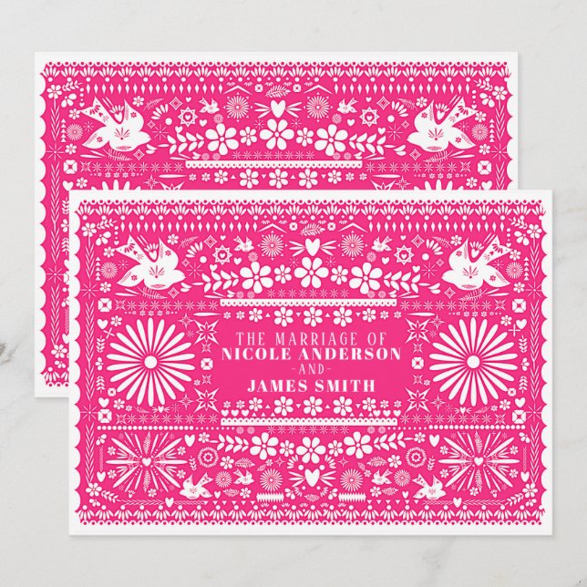 Invitation Mariage Rose Chaud Clair Picado Mexicain (Devant / Derrière)